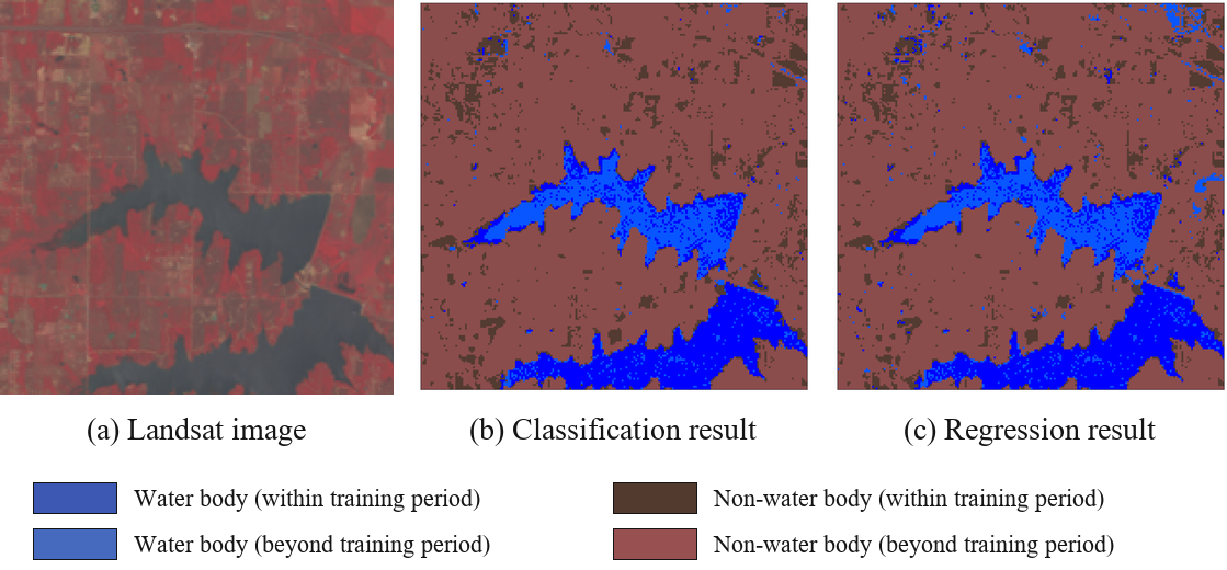 Water maps generated by classification and regression models compared with Landsat imagery